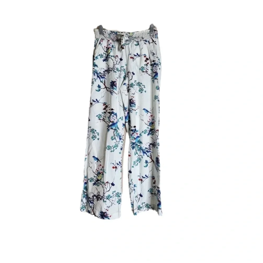 WESTBOUND Floral Bird Print Linen Blend Wide Leg / Drawstring Pants Size Small - Picture 5 of 11